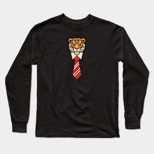 Orange Red Beige Colorful Tiger With Tie Illustration Long Sleeve T-Shirt